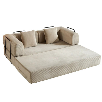 Convertible sleeper sofa bed with beige corduroy fabric and cylindrical pillows on Tampa Home & Garden Store