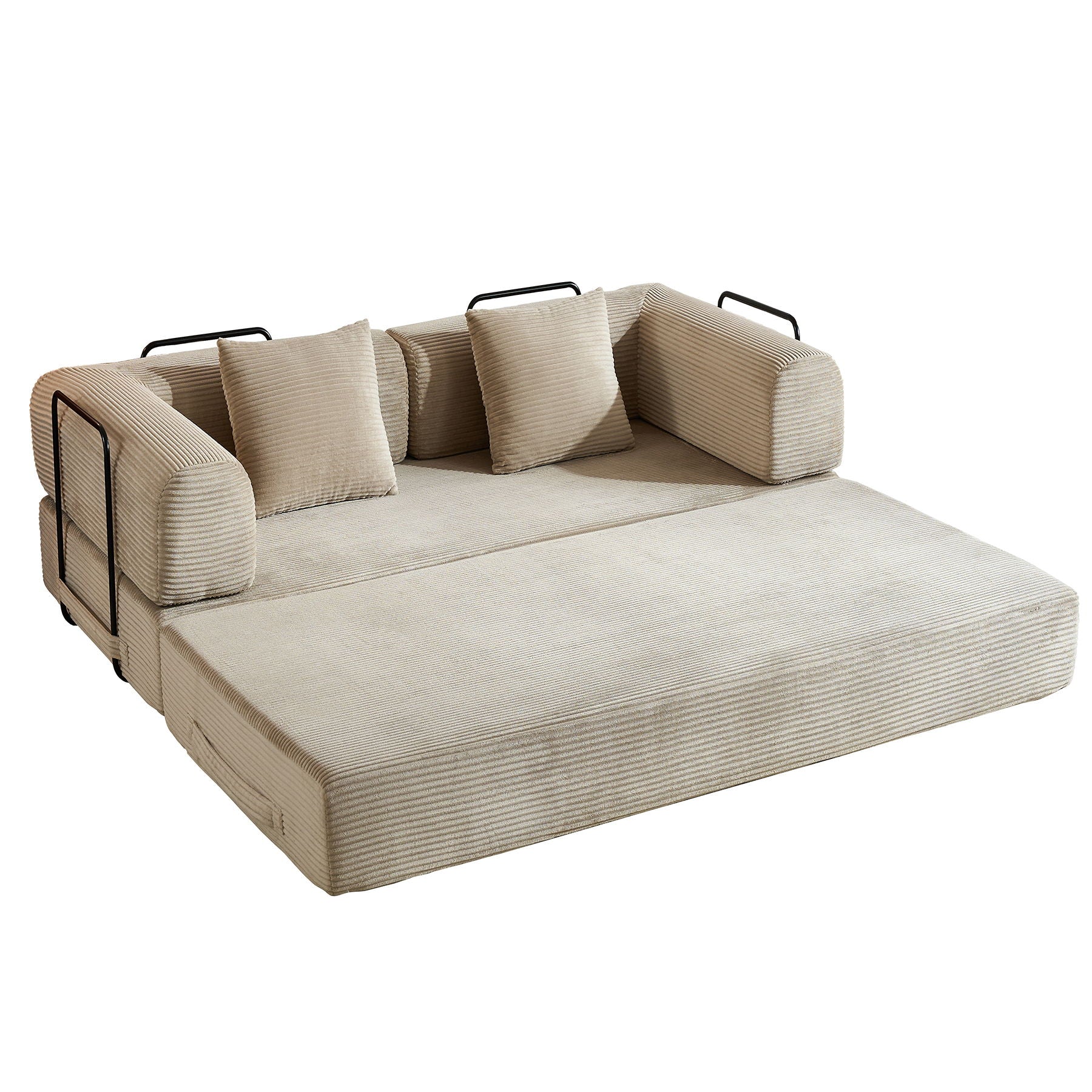 Convertible Sleeper Futon Sofa Bed by HouseOfZazla in beige corduroy with black metal frame on Tampa Home & Garden Store