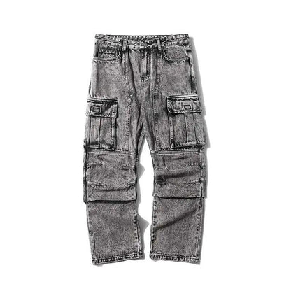 Washed distressed cargo jeans by FLIPSTYLEZLLC, wide-leg straight denim, multiple pockets on Tampa Home & Garden Store