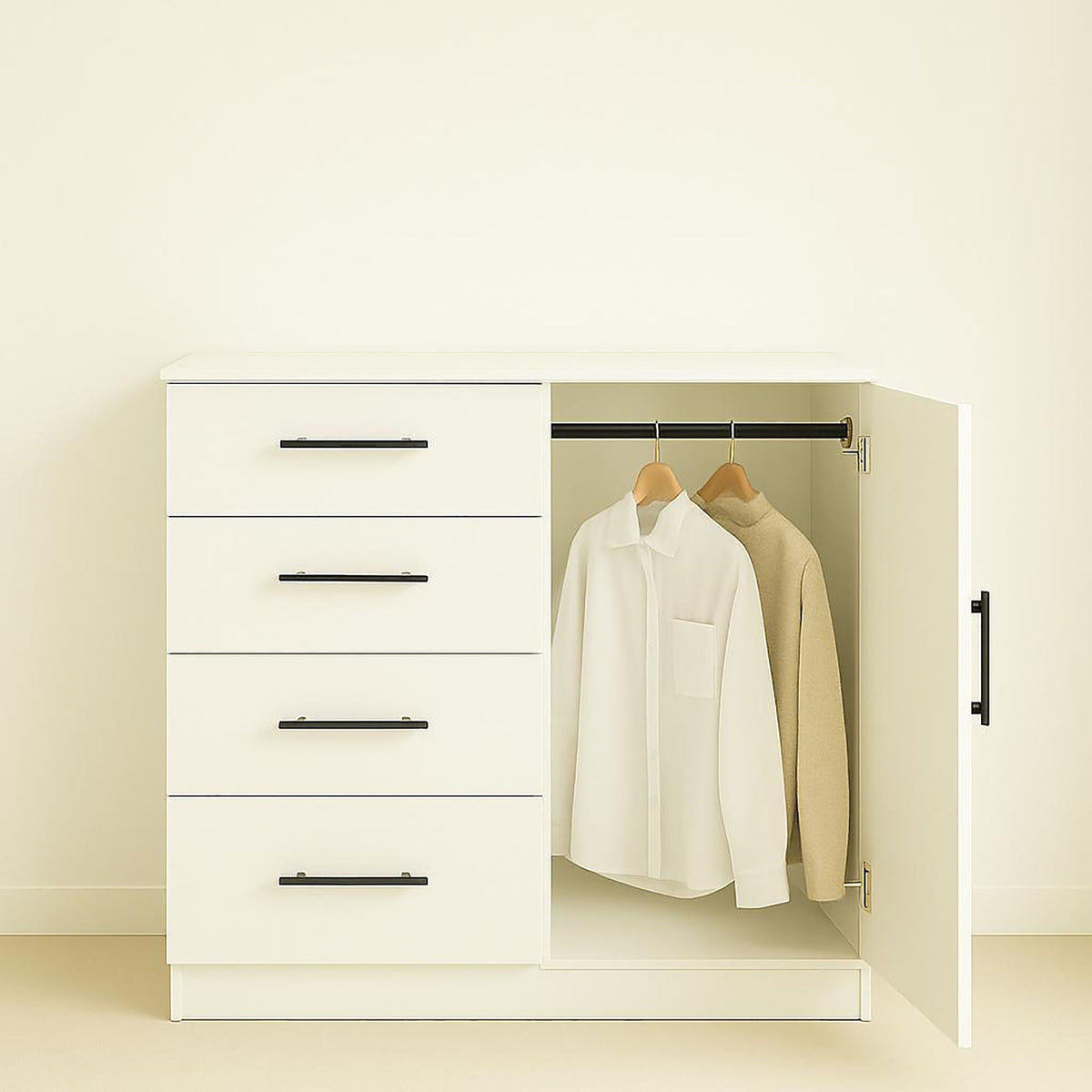 Robin Gentleman's Chest with extra deep storage in white finish open wardrobe with hanging rod on Tampa Home & Garden Store