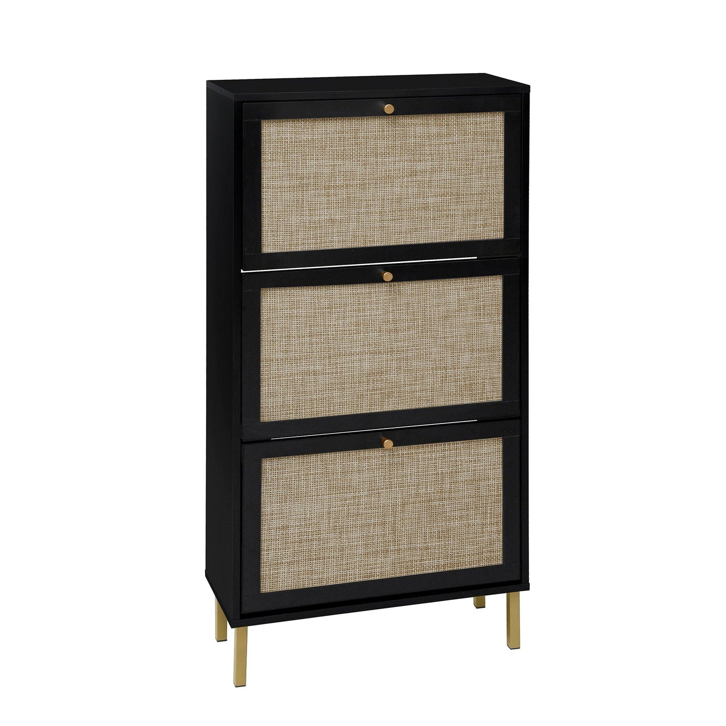 Modern 3-Door Shoe Cabinet with black frame and natural rattan fronts, brass knobs HouseOfZazla on Tampa Home & Garden Store