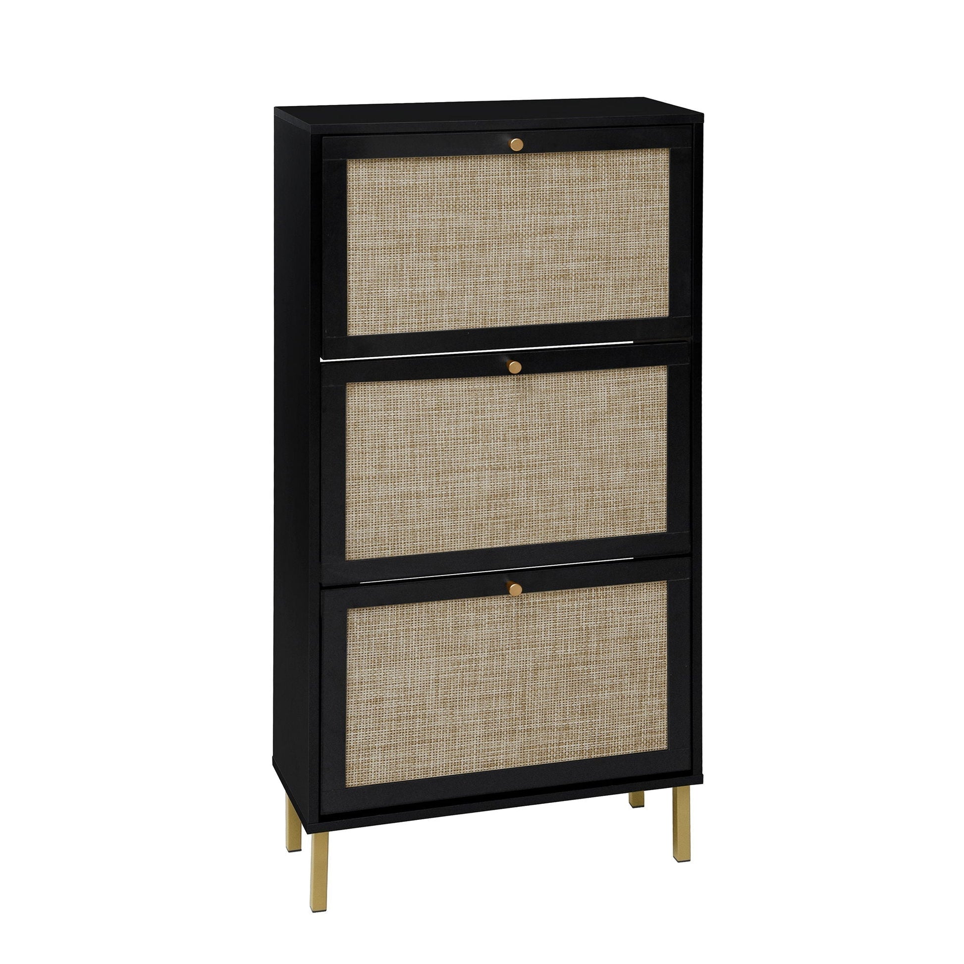 Modern 3-Door Shoe Cabinet with black frame and natural rattan fronts, brass knobs HouseOfZazla on Tampa Home & Garden Store