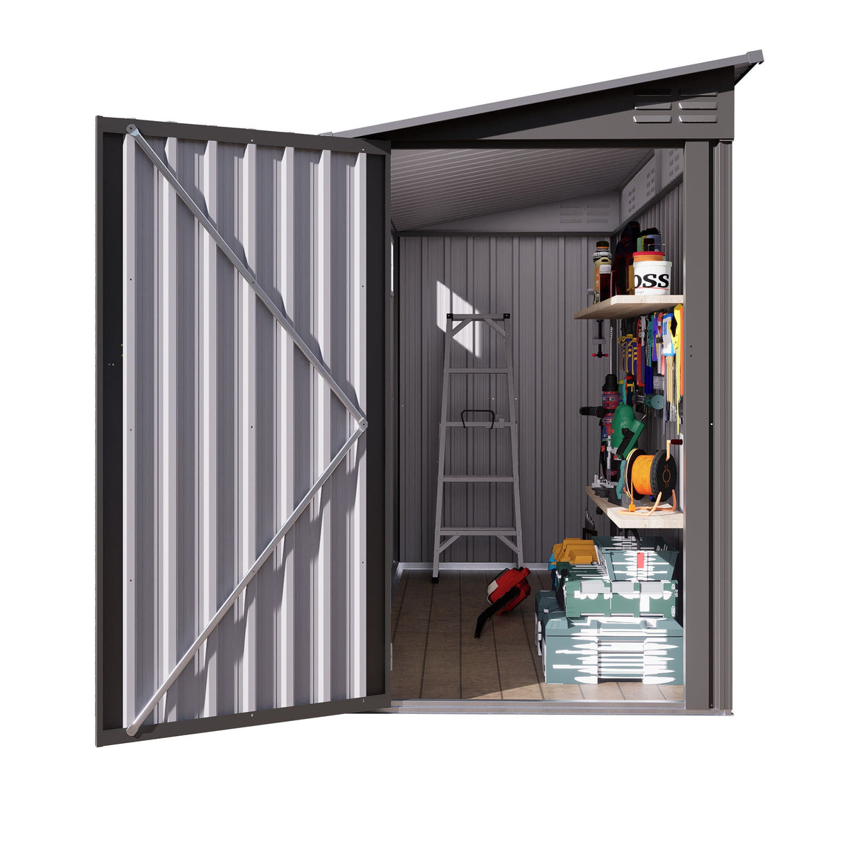 Lean-To storage shed gray metal with windows and sloping roof interior shelves and tools on Tampa Home & Garden Store