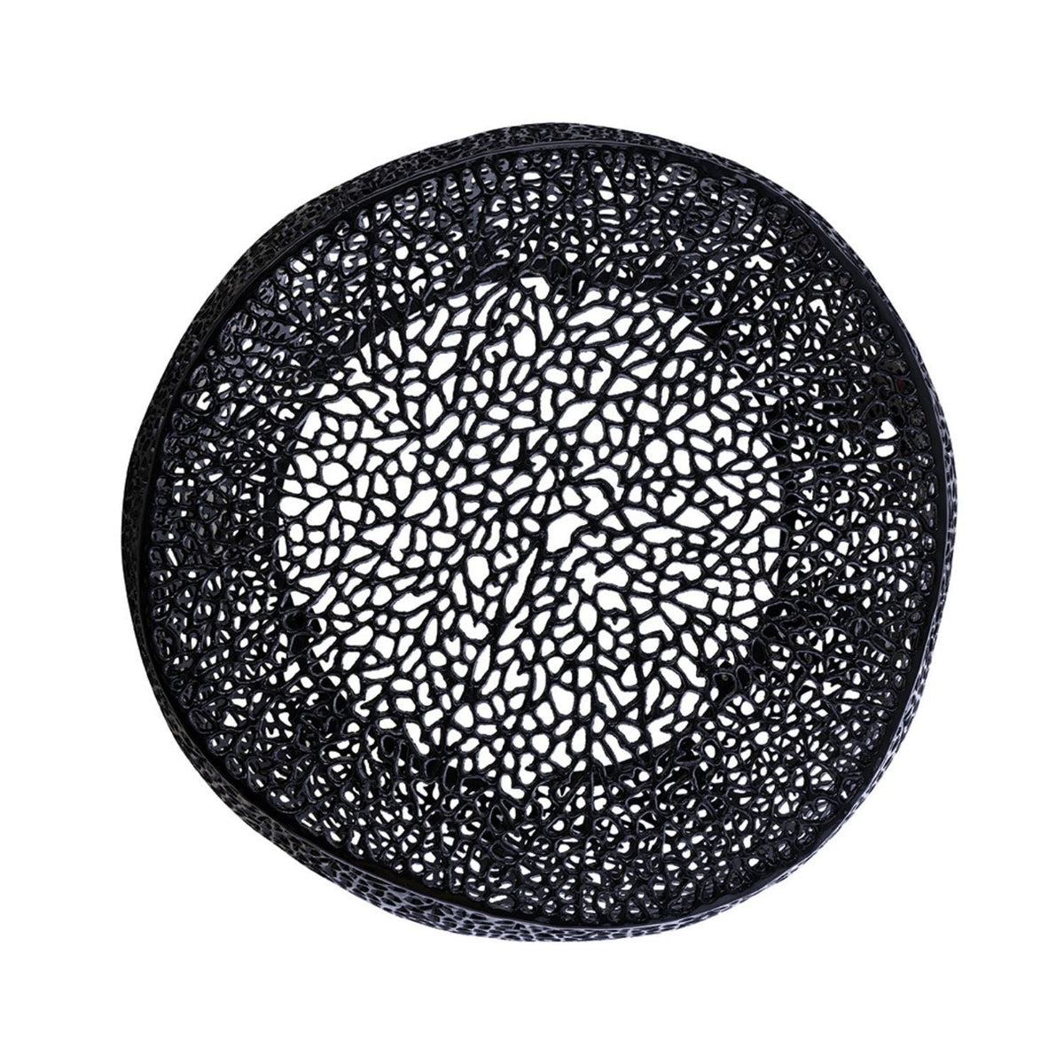 Round coffee table with black aluminum frame and intricate lattice top on Tampa Home & Garden Store