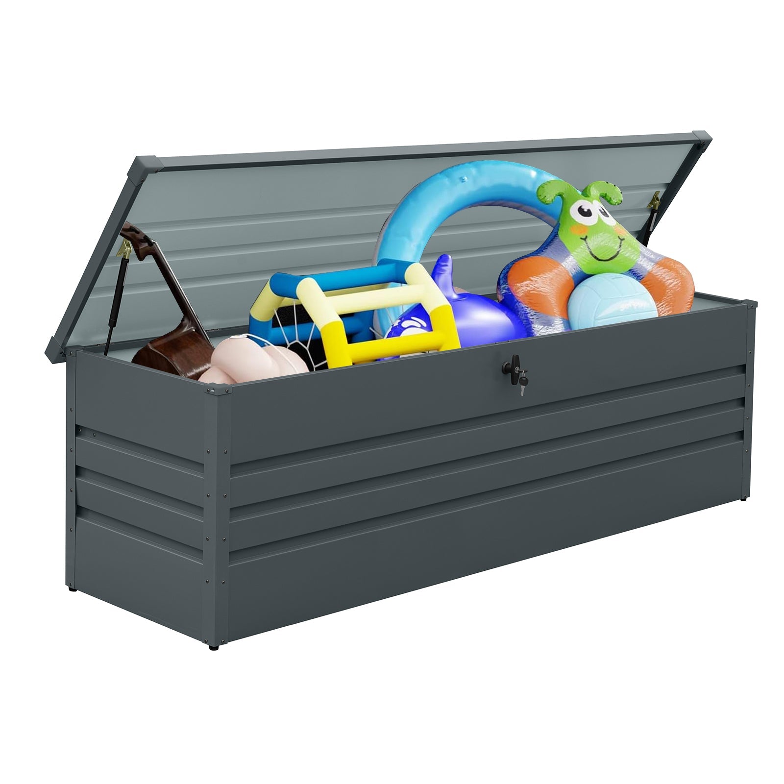 260 Gallon Metal Outdoor Deck Box by HouseOfZazla gray full of colorful pool toys on Tampa Home & Garden Store