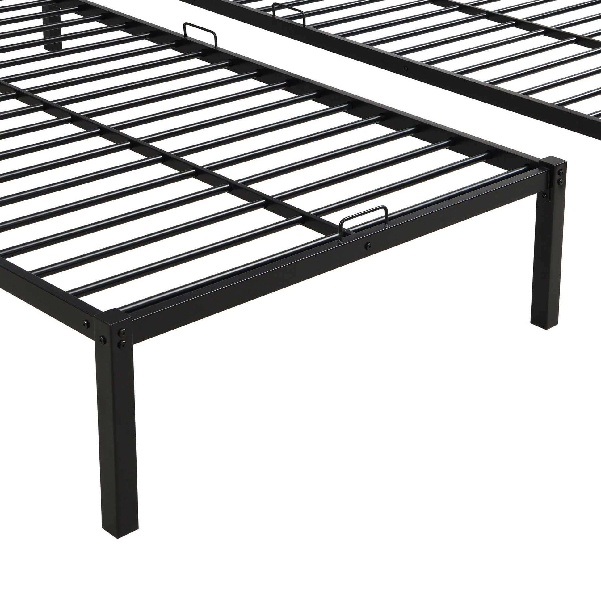 Modern black metal bunk bed frame with slatted rails and square posts on Tampa Home & Garden Store