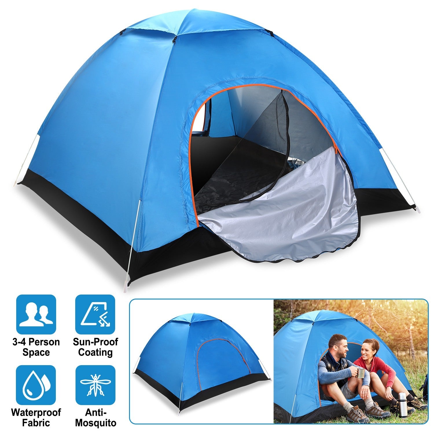 GemGear 4-person blue pop-up camping tent with orange doorway trim and two mosquito net doors on Tampa Home & Garden Store