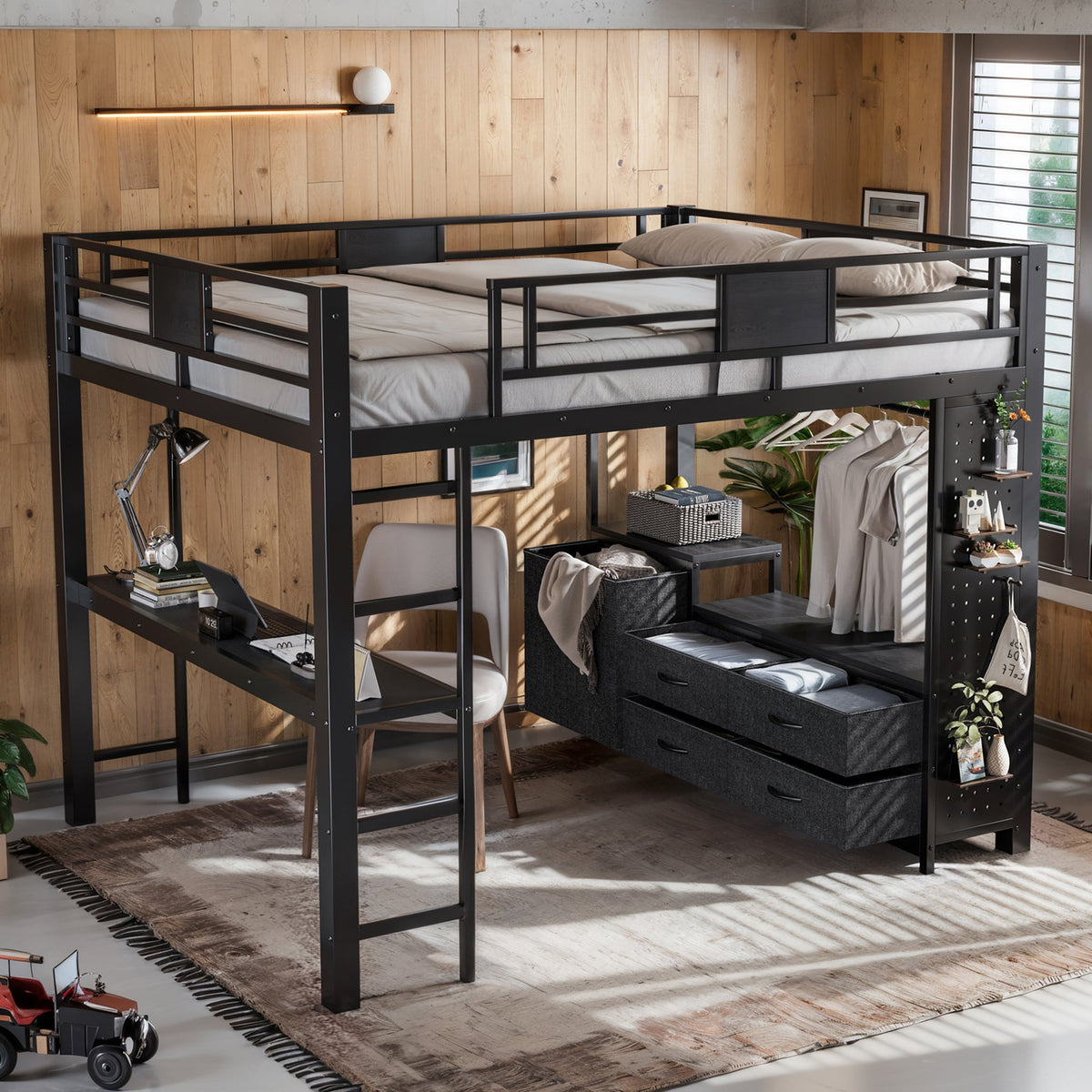 Queen Size Loft Bed with Desk & Shelves in black metal frame HouseOfZazla on Tampa Home & Garden Store