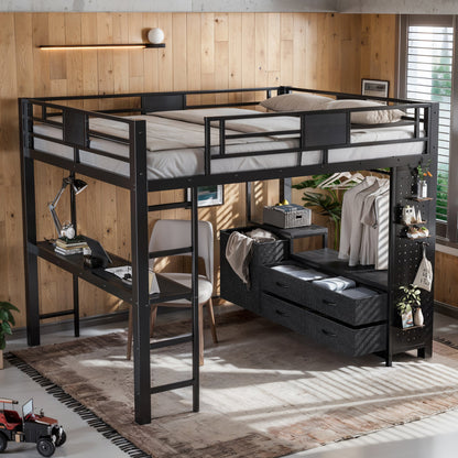 Queen Size Loft Bed with Desk & Shelves in black metal frame HouseOfZazla on Tampa Home & Garden Store