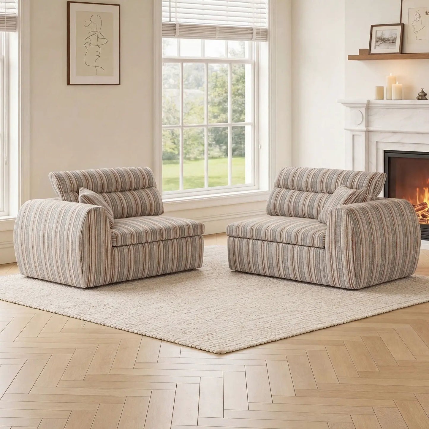 Stationary sofas in beige striped fabric with matching throw pillows by Unique Piece Furniture in a bright living room on Tampa Home & Garden Store