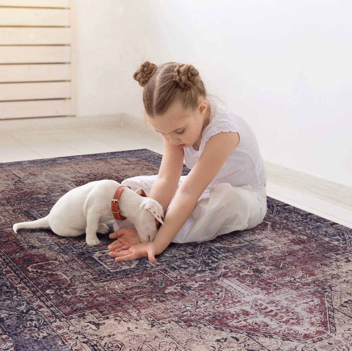Maval washable area rug burgundy pattern by Unique Piece Furniture, girl and white puppy on Tampa Home & Garden Store