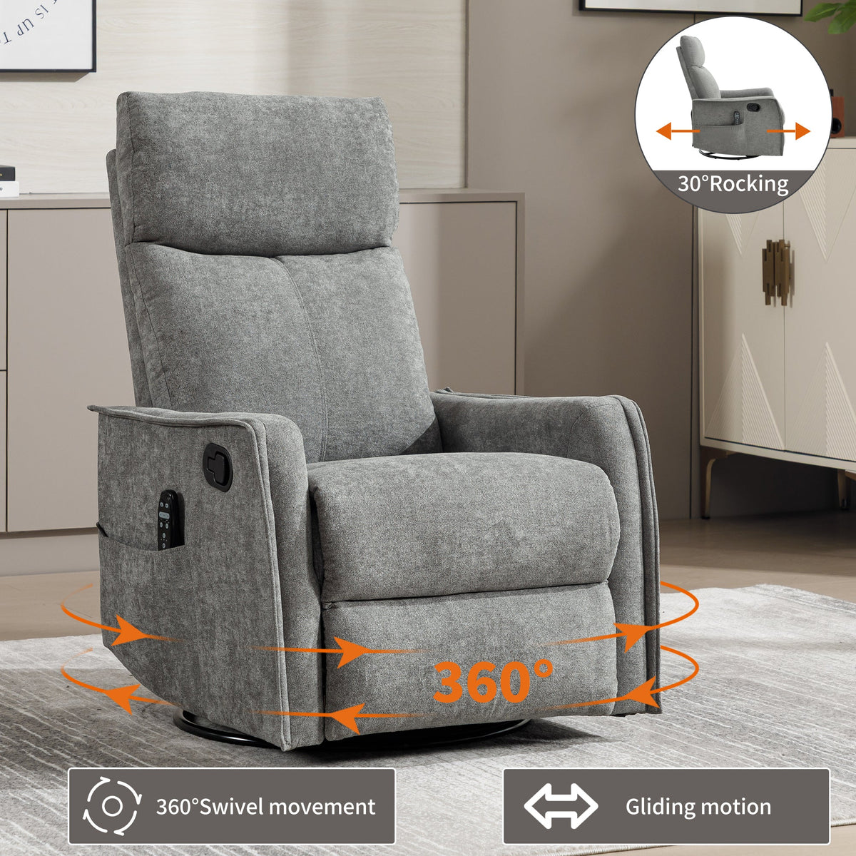 Heat Massage Manual Recliner Chair gray fabric with 360° swivel and 30° rocking by HouseOfZazla on Tampa Home & Garden Store
