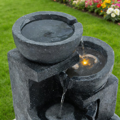 29-Inch terrazzo style LED fountain by HouseOfZazla, dark gray stacked rings with specks on Tampa Home & Garden Store