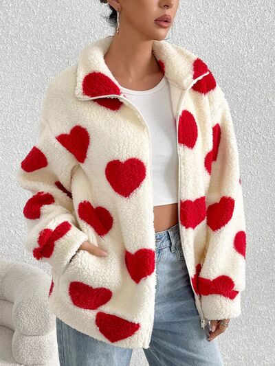 Furry heart-print jacket for girls by Stevvex, cream with red hearts, zip-up coat on Tampa Home & Garden Store