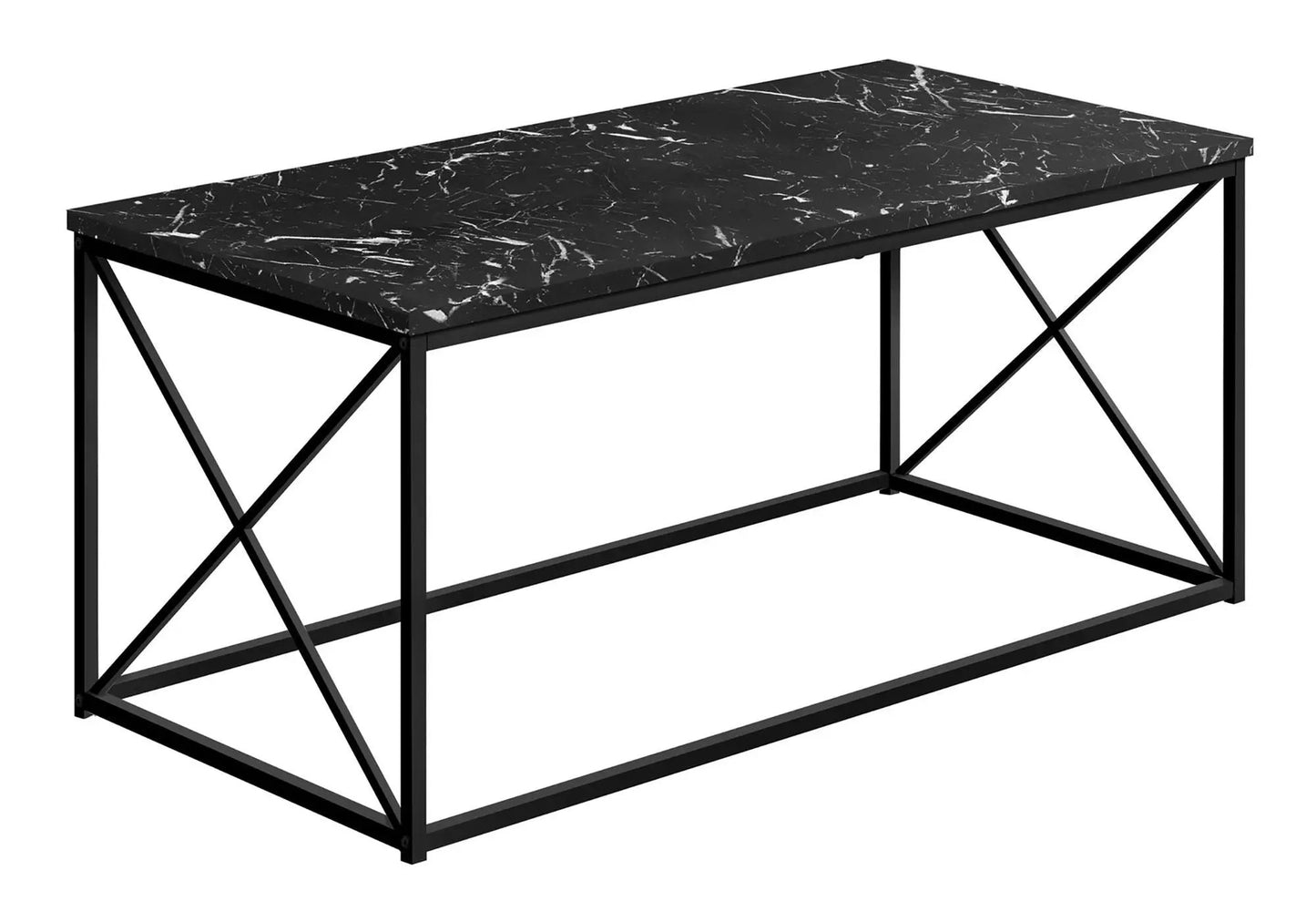 Coffee table rectangular black marble top with white veining and black metal frame on Tampa Home & Garden Store