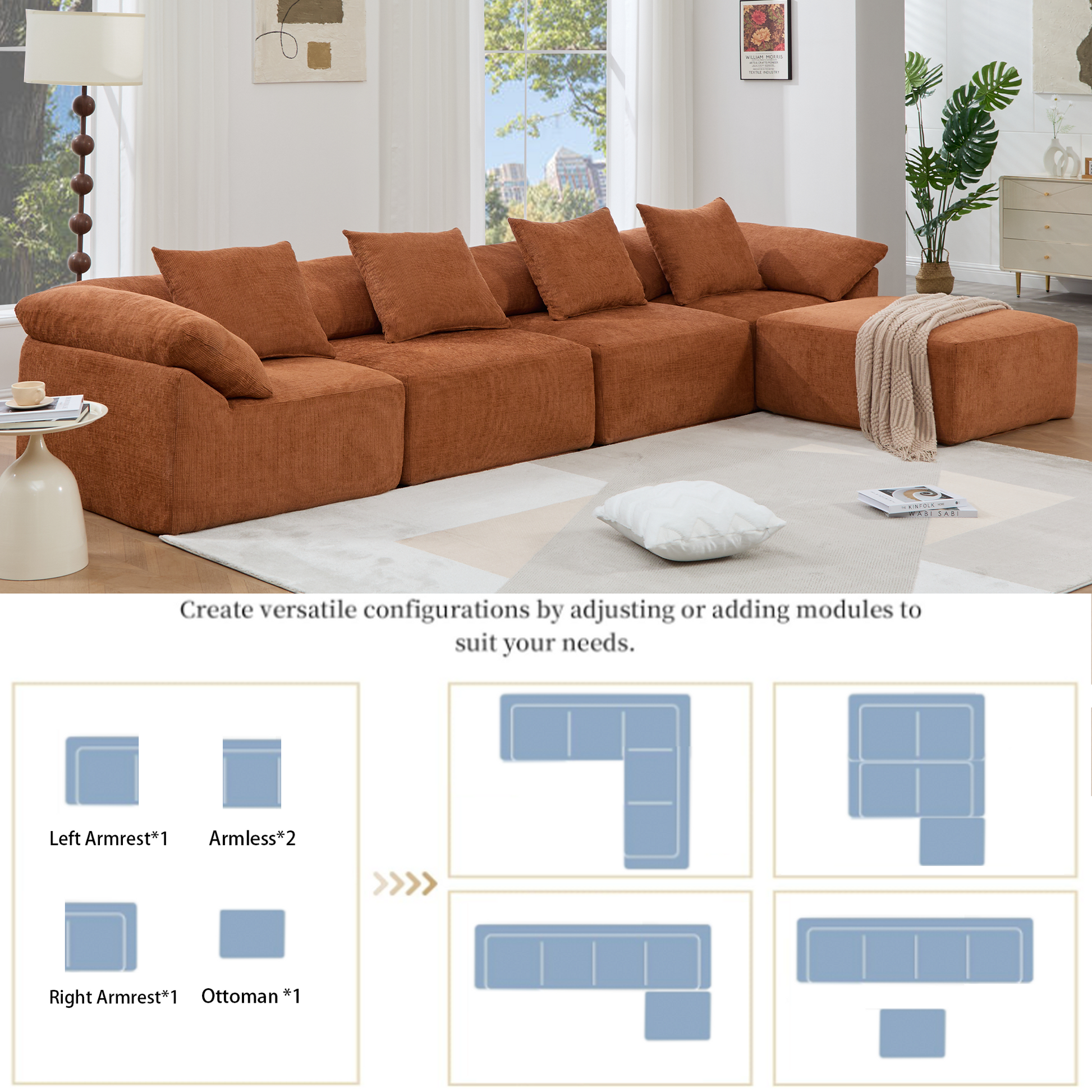 142-inch L-shaped modular sofa HouseOfZazla in rust-orange fabric on Tampa Home & Garden Store