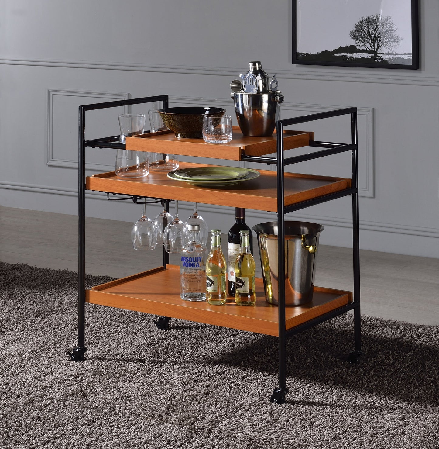Oaken Honey Oak & Black Finish Serving Cart with black metal frame on Tampa Home & Garden Store