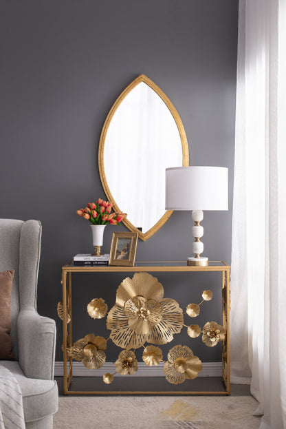 D15x26.5 Table Lamp by HouseOfZazla white bead-base and brass accents on a gold console on Tampa Home & Garden Store