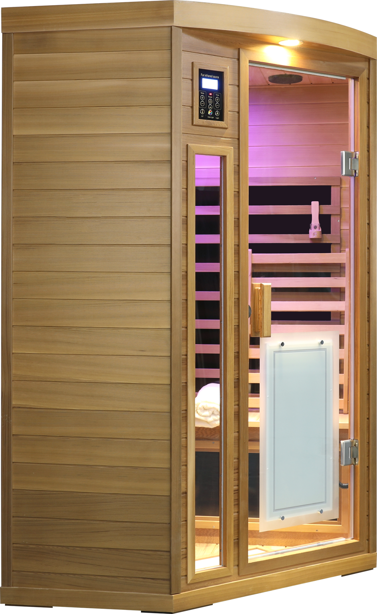 Two-person far-infrared sauna in natural red cedar with LCD touch control and glass door on Tampa Home & Garden Store
