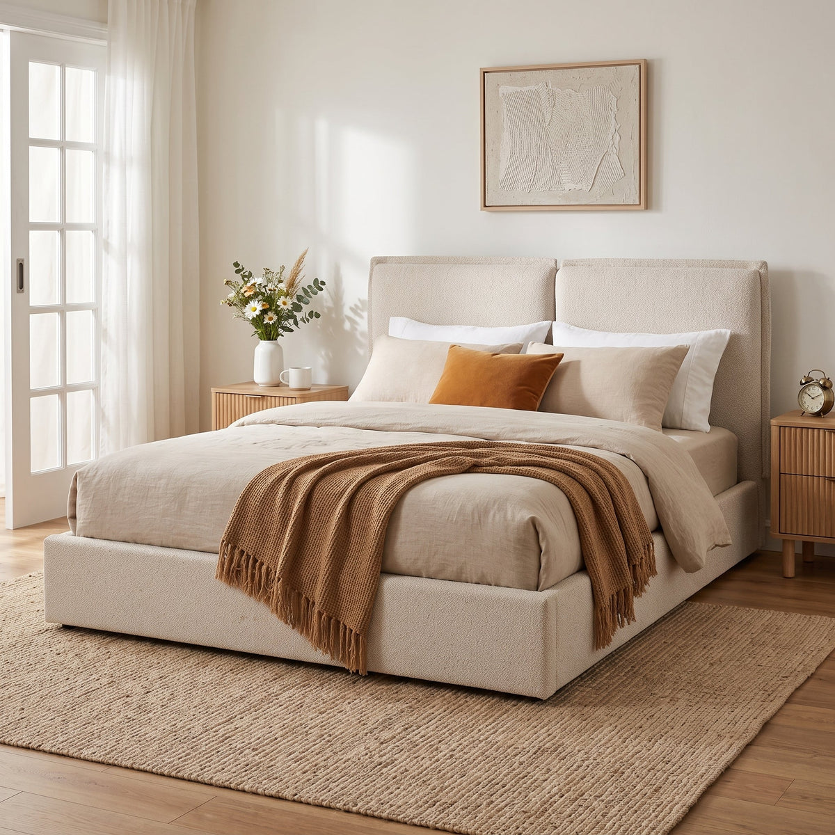 Double-Pillow Upholstered Bed beige skin-friendly fabric with beige headboard by HouseOfZazla on Tampa Home & Garden Store