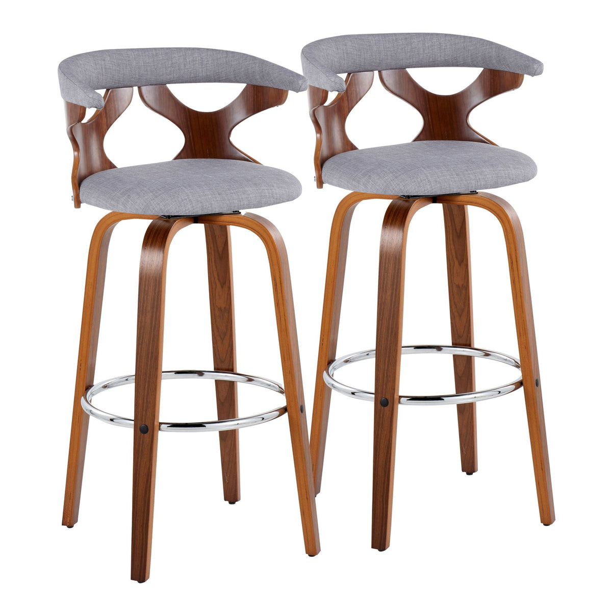 3-piece mid-century swivel barstool set in gray upholstery with wood legs and chrome footrest on Tampa Home & Garden Store