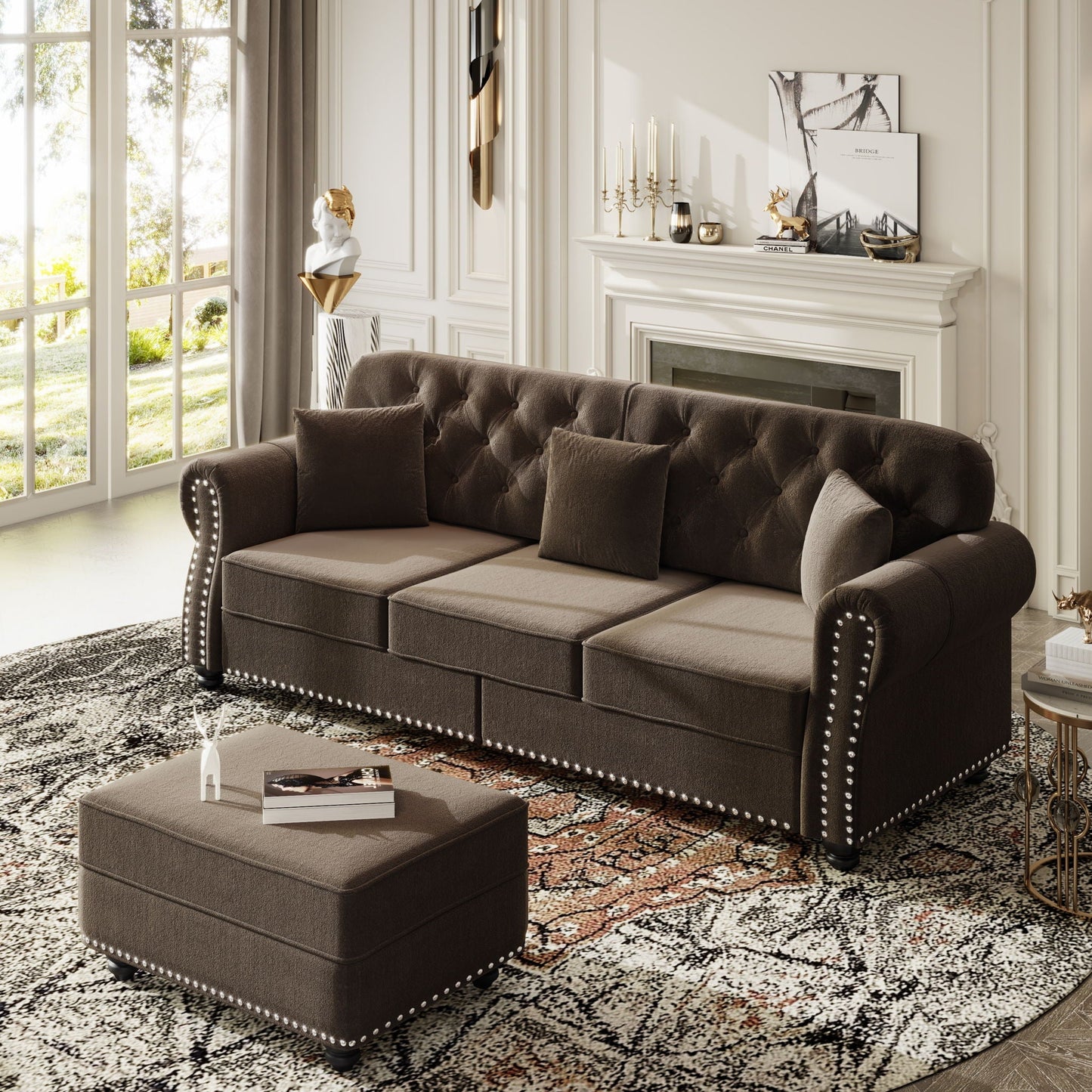Modern Upholstered 3 Seater Sofa Set and Ottoman