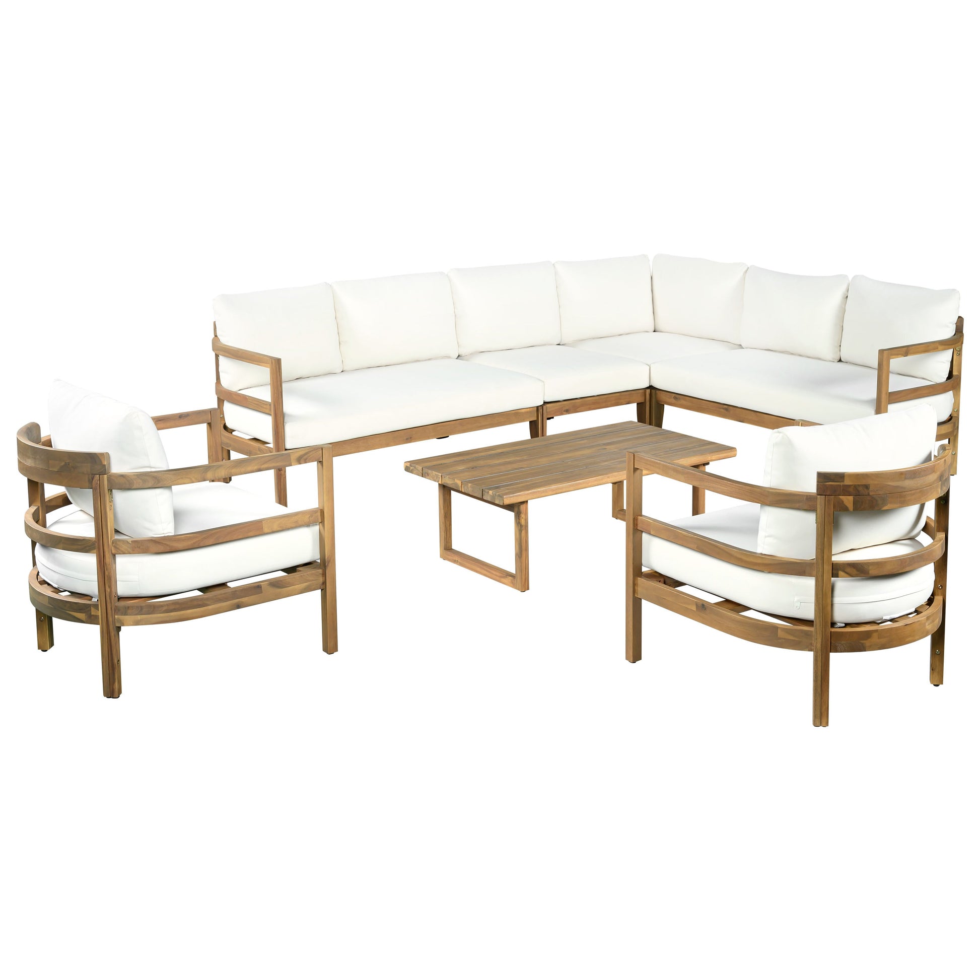Outdoor Acacia Wood 7-Seater Sectional Sofa Set with white cushions and coffee table on Tampa Home & Garden Store