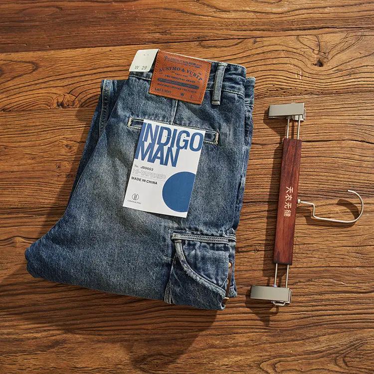 Heavy Weight Cargo Jeans blue denim, folded with leather patch and Indigo Man tag, FLIPSTYLEZLLC on Tampa Home & Garden Store