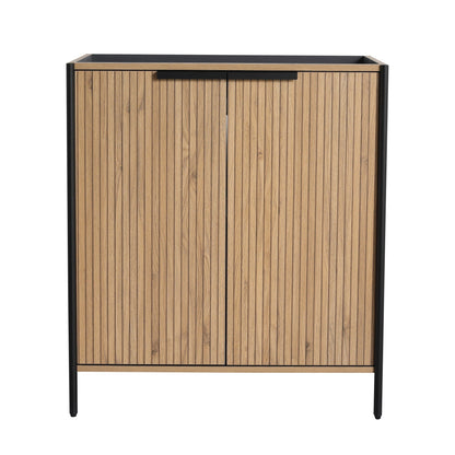 Contemporary freestanding bathroom vanity with adjustable shelves, oak slat doors, black frame on Tampa Home & Garden Store