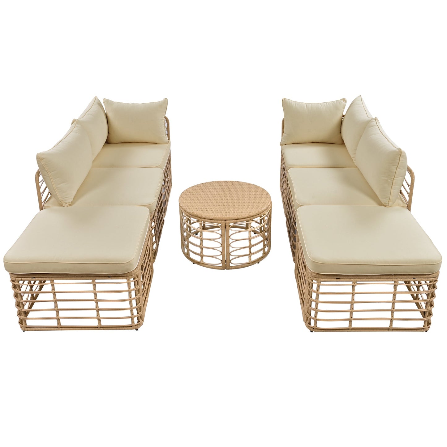 7-Piece Outdoor Patio Set brown rattan with beige cushions and wicker coffee table on Tampa Home & Garden Store