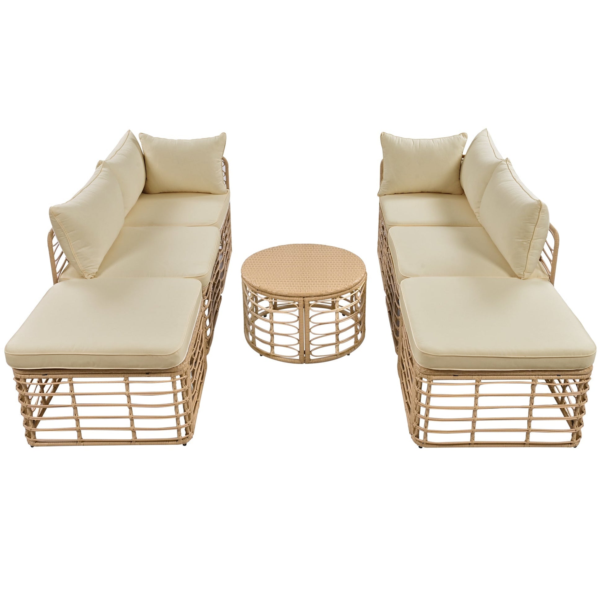 7-Piece Outdoor Patio Set brown rattan with beige cushions and wicker coffee table on Tampa Home & Garden Store