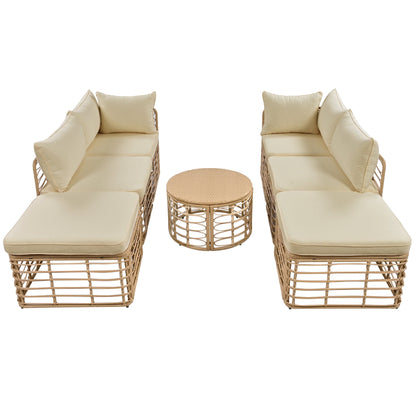 7-Piece Outdoor Patio Set brown rattan with beige cushions and wicker coffee table on Tampa Home & Garden Store