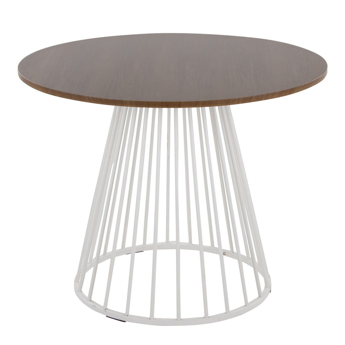 Round dining table with dark brown wood top and white spindle metal base on Tampa Home & Garden Store