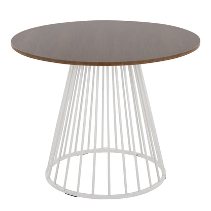 Round dining table with dark brown wood top and white spindle metal base on Tampa Home & Garden Store