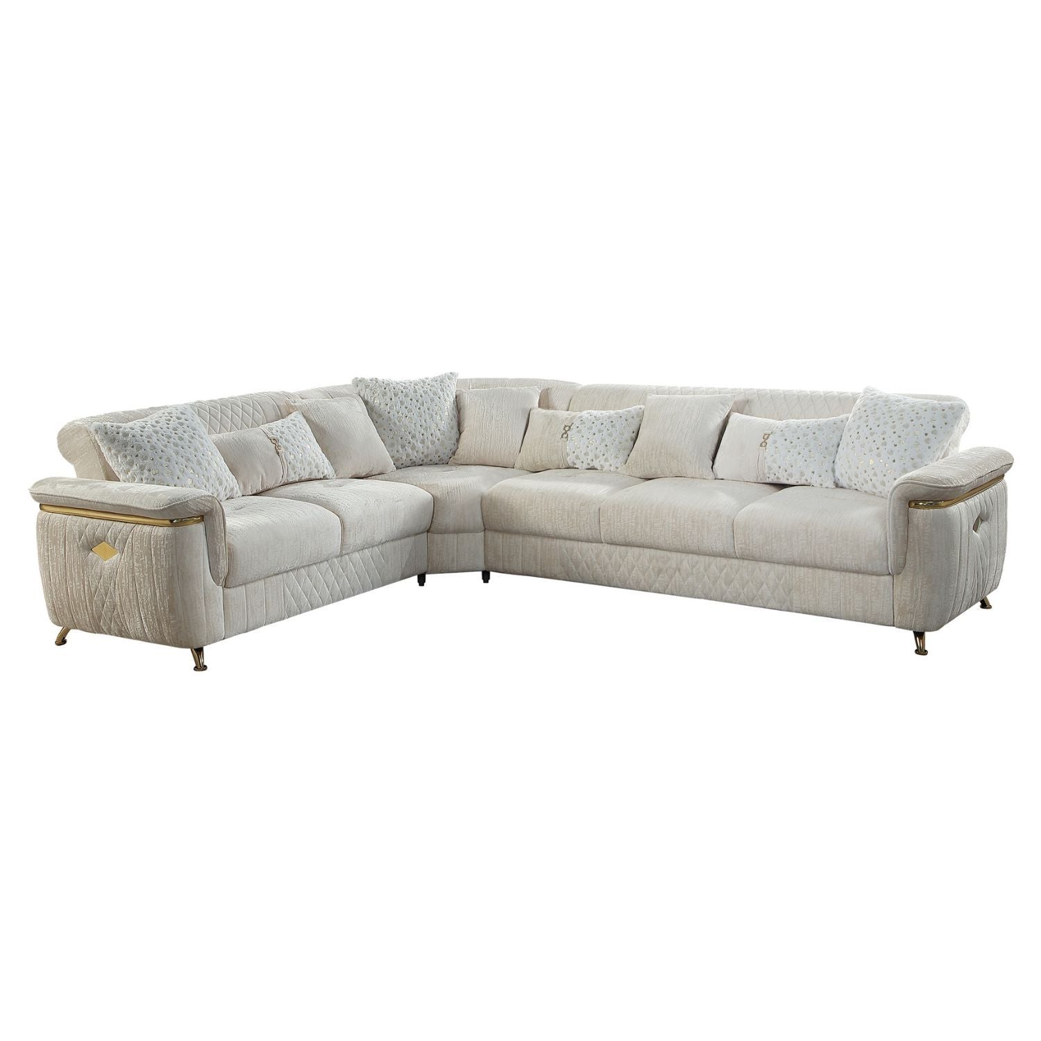 Argo Reversible Sectional sofa by HouseOfZazla, beige quilted fabric with gold accents on Tampa Home & Garden Store