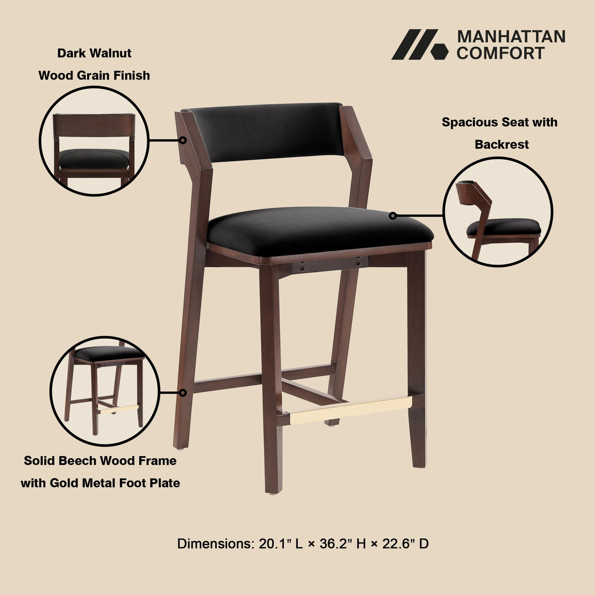 Patricia Counter Stool HouseOfZazla dark walnut wood grain, black cushioned seat on Tampa Home & Garden Store