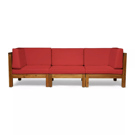 Brava X-Back 3 Seater Outdoor Sectional Sofa Set with red cushions and wood frame on Tampa Home & Garden Store