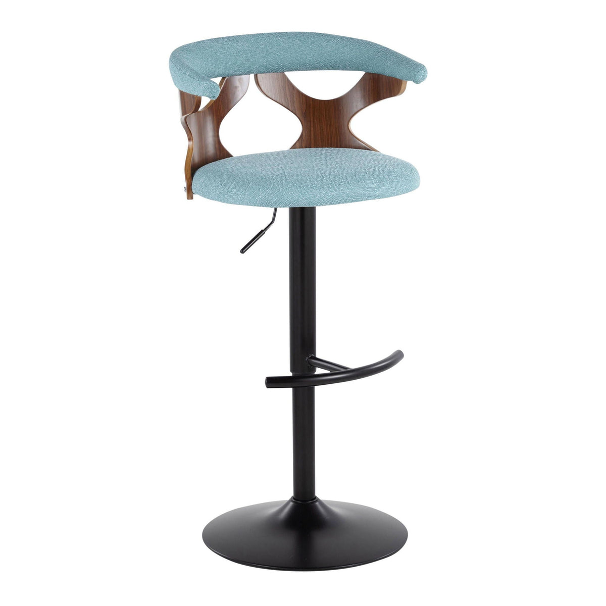 Contemporary adjustable barstool with swivel, teal upholstered seat and curved wood back on Tampa Home & Garden Store