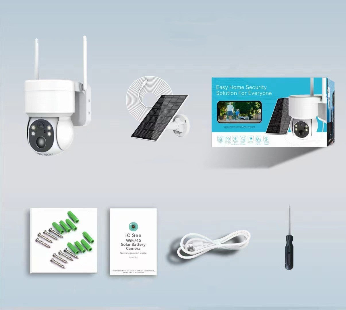 Motion detection security camera with white body, solar panel kit, screws, manual, USB cable on Tampa Home & Garden Store