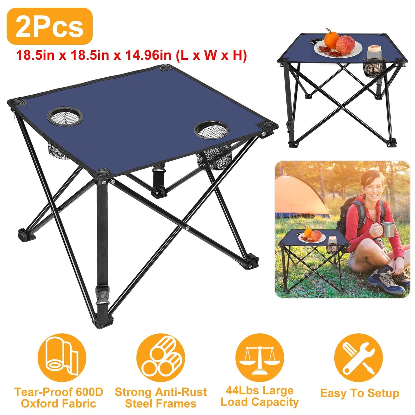 GemGear foldable camping table blue top with two cup holders, portable desk, steel frame on Tampa Home & Garden Store