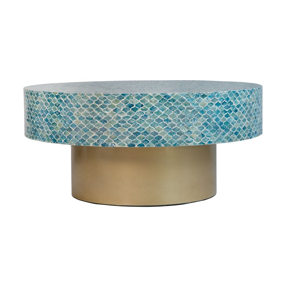 Capiz coffee table with blue capiz shell mosaic top and gold pedestal base on Tampa Home & Garden Store