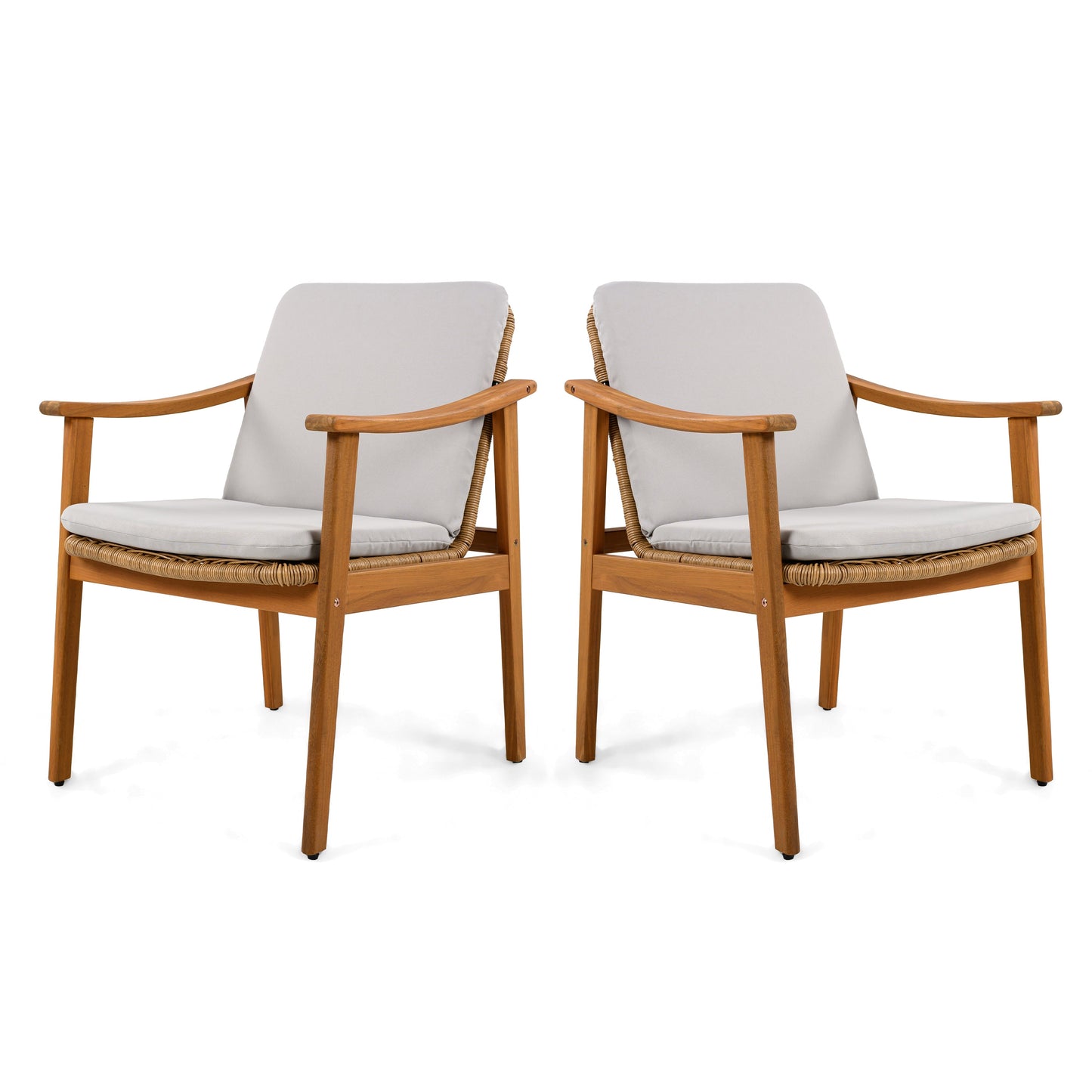 Outdoor dining chairs set of 2 with teak-colored acacia wood frames and light gray cushions on Tampa Home & Garden Store