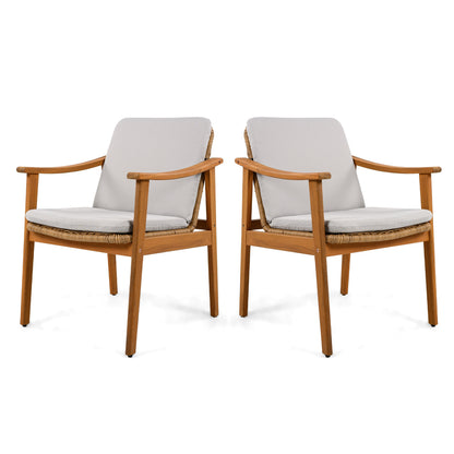 Outdoor dining chairs set of 2 with teak-colored acacia wood frames and light gray cushions on Tampa Home & Garden Store