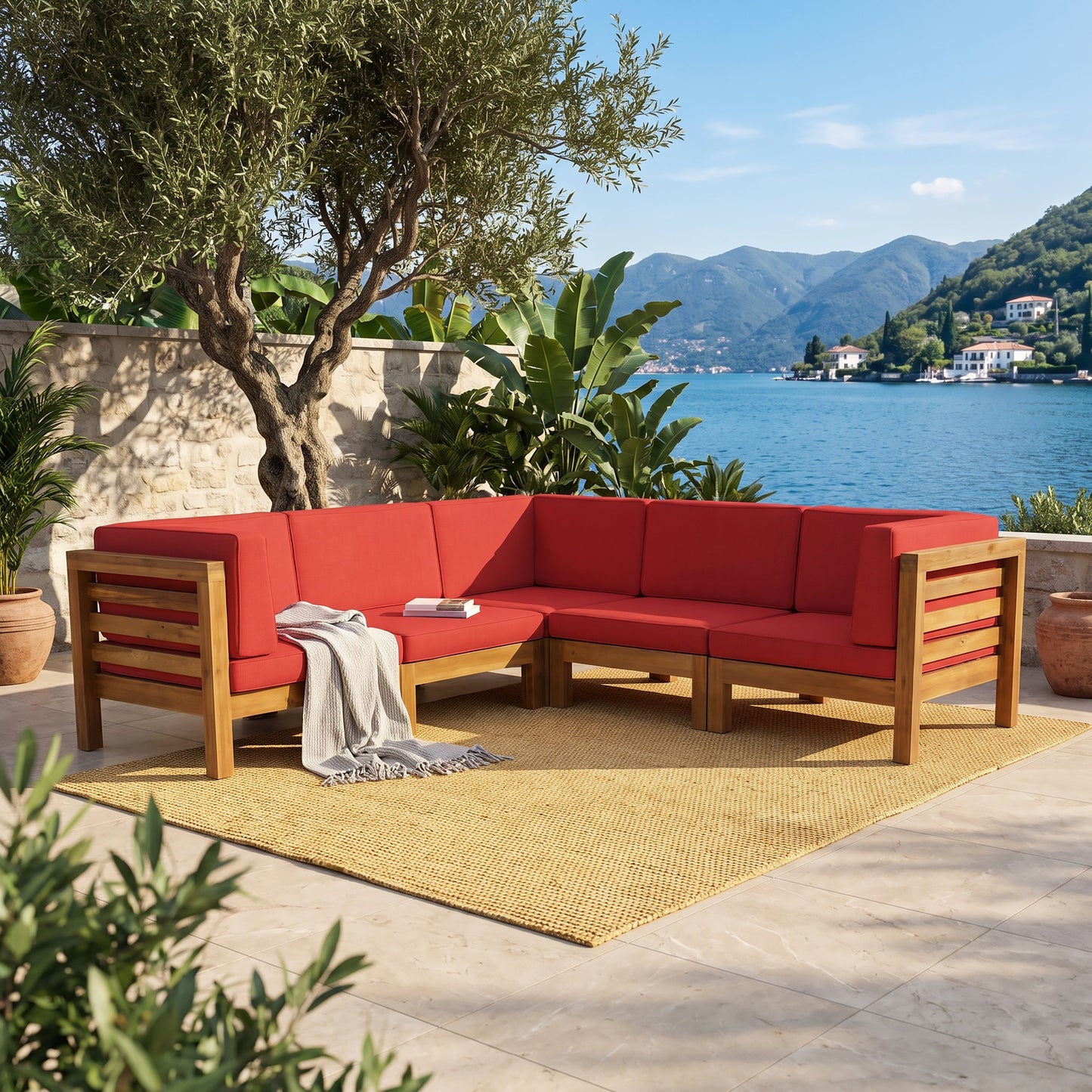 Elegant Acacia Wood and V Shape Sofa Set