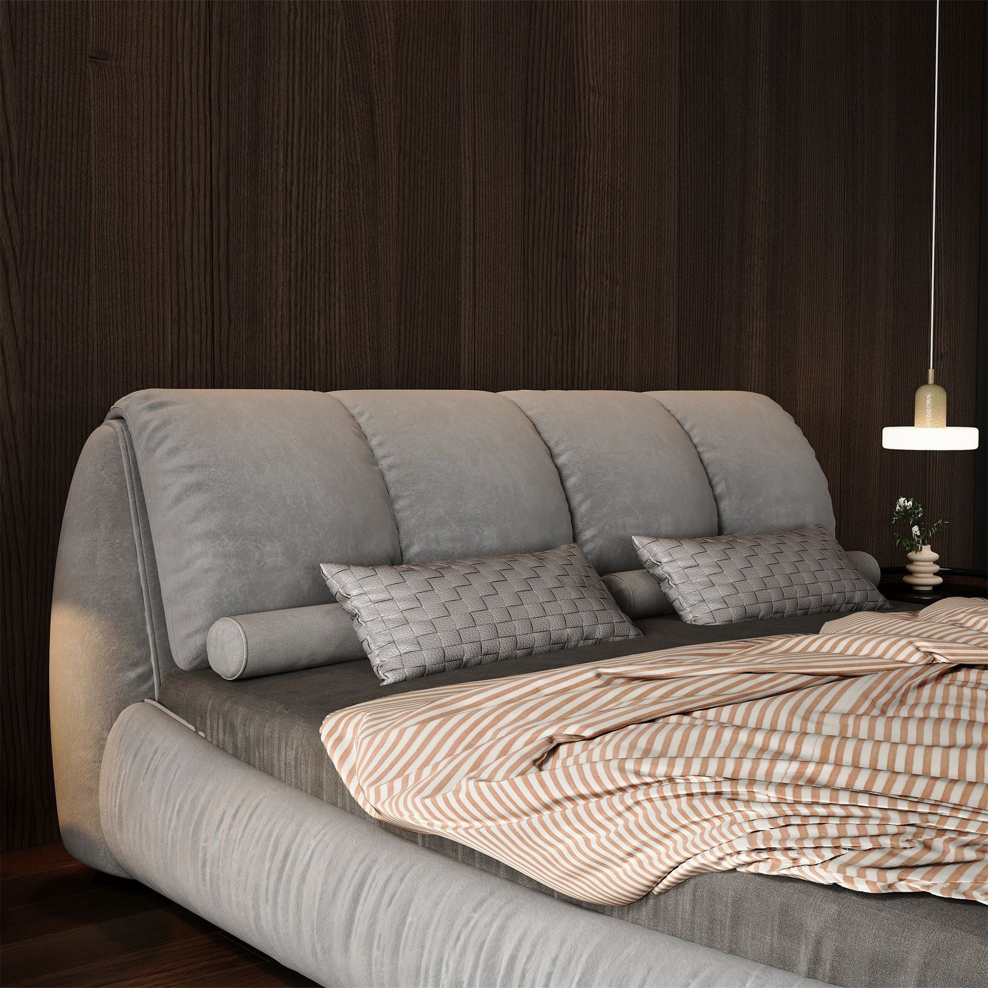 Luxury upholstered platform bed with padded backrest and wood frame in gray fabric on Tampa Home & Garden Store
