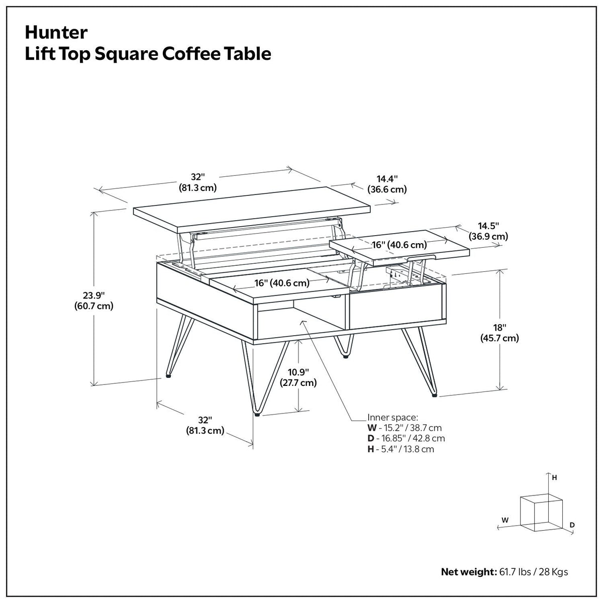 Lift Top Square Coffee Table in walnut with hidden storage by HouseOfZazla lift lid, hairpin legs on Tampa Home & Garden Store