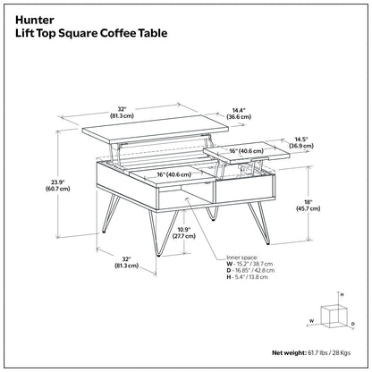 Lift Top Square Coffee Table in walnut with hidden storage by HouseOfZazla lift lid, hairpin legs on Tampa Home & Garden Store