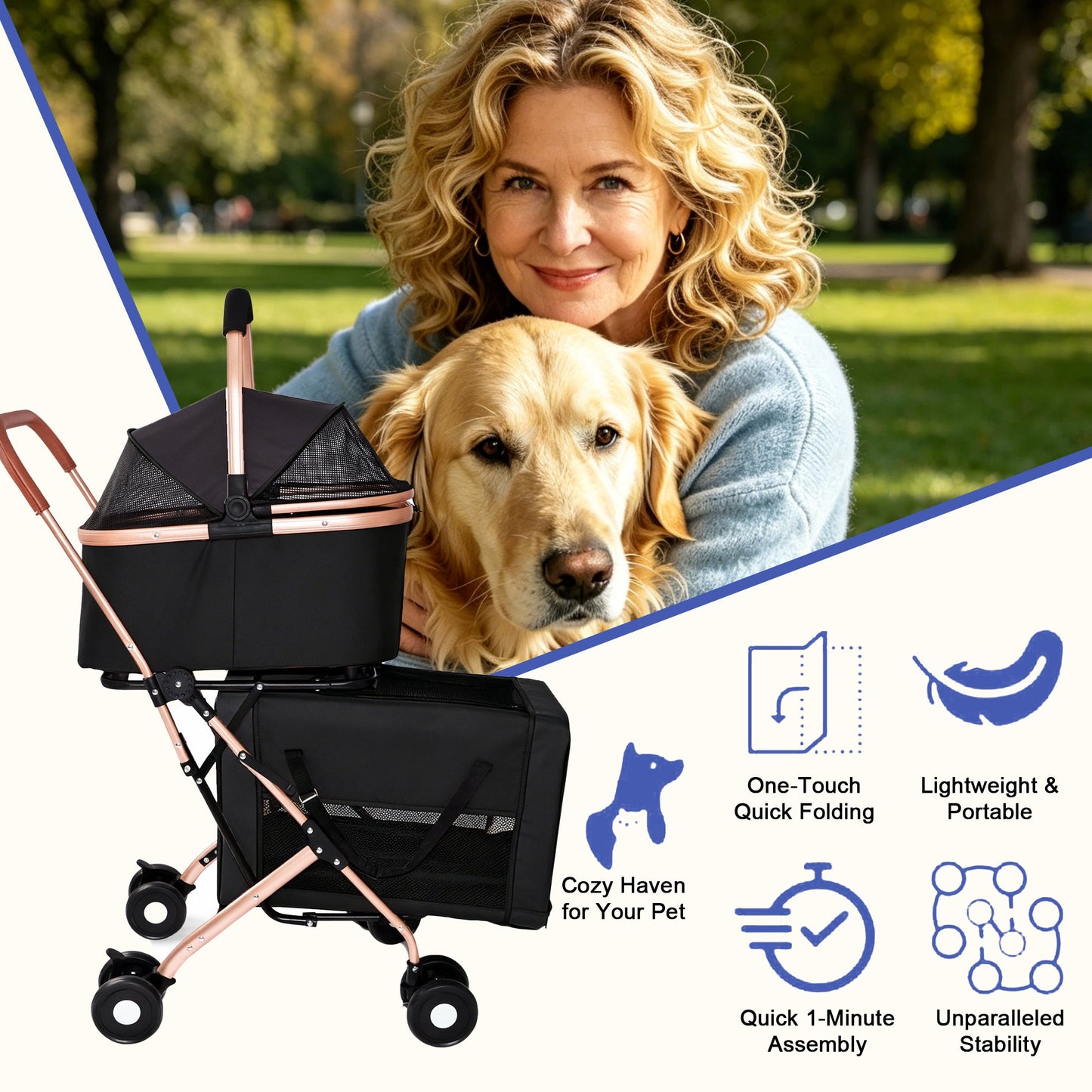 Double Pet Stroller for Small and Medium Dogs and Cats in black with rose-gold frame shown with dog and smiling woman outdoors on Tampa Home & Garden Store