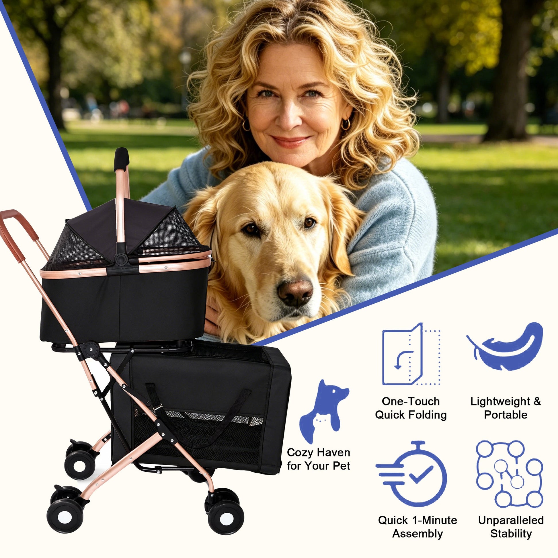 Double Pet Stroller for Small and Medium Dogs and Cats in black with rose-gold frame shown with dog and smiling woman outdoors on Tampa Home & Garden Store