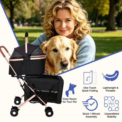 Double Pet Stroller for Small and Medium Dogs and Cats in black with rose-gold frame shown with dog and smiling woman outdoors on Tampa Home & Garden Store